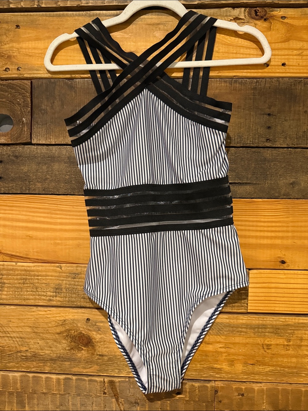 aava Striped One-Piece Swimsuit with Crisscross Black Straps